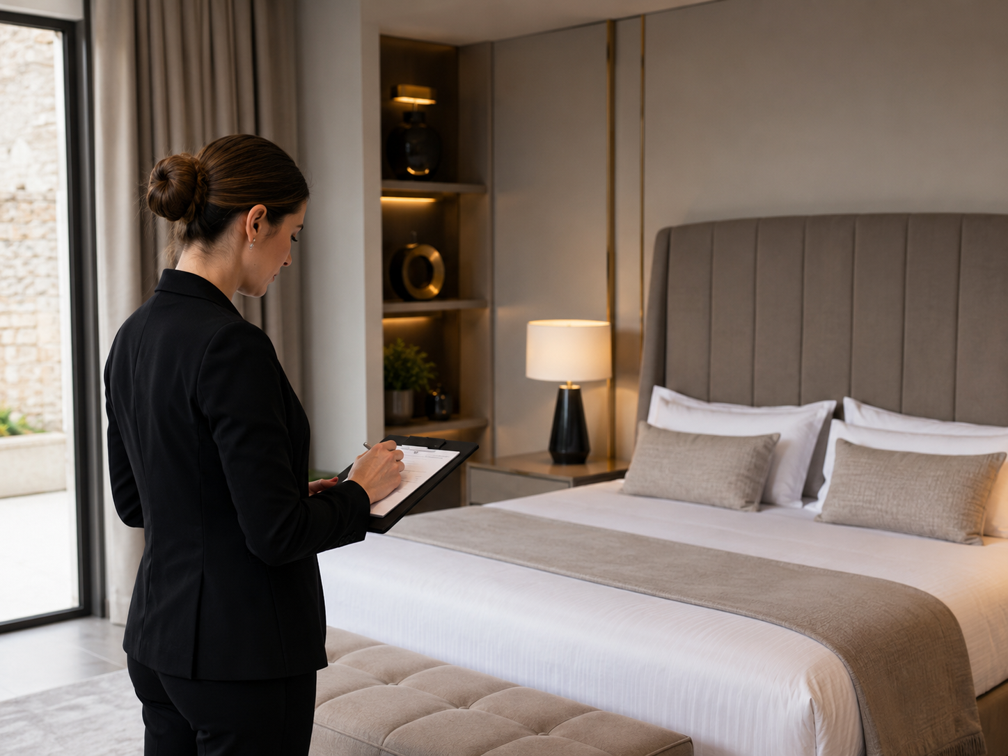 Professionnelle évaluant la présentation et les équipements d’une chambre